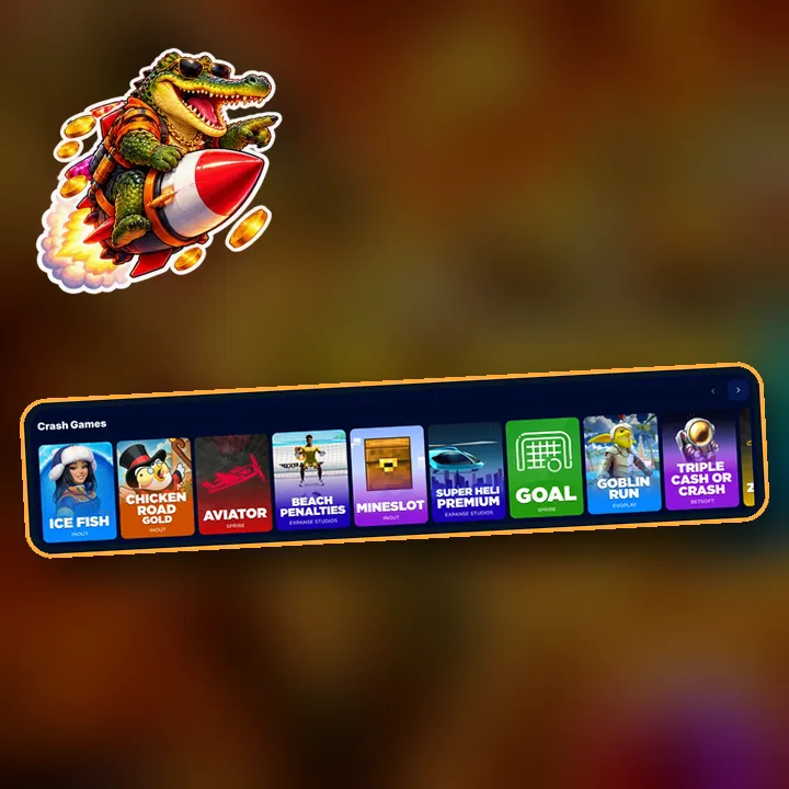 Screenshot of the crash games row with a rocket-riding crocodile sticker